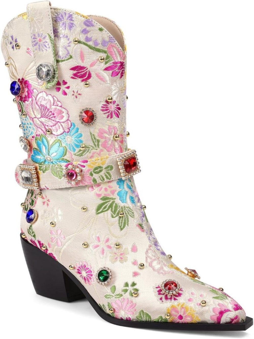 Women's White Rhinestone Sparkly Cowgirl Diamond Floral Embroidery Mid Calf Boot